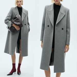MANGO NWT Gray Lapels Wool Trench Coat Neutral Oversized Long Wool Coat
